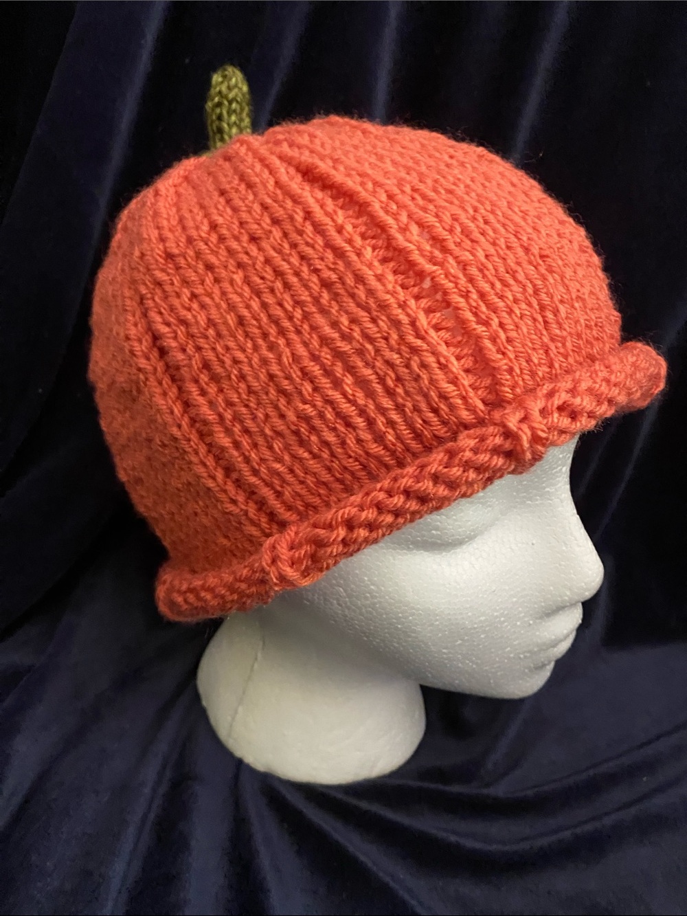 Hand-Knit Autumn Fall Harvest Orange Pumpkin Beanie Hat - one size fits all